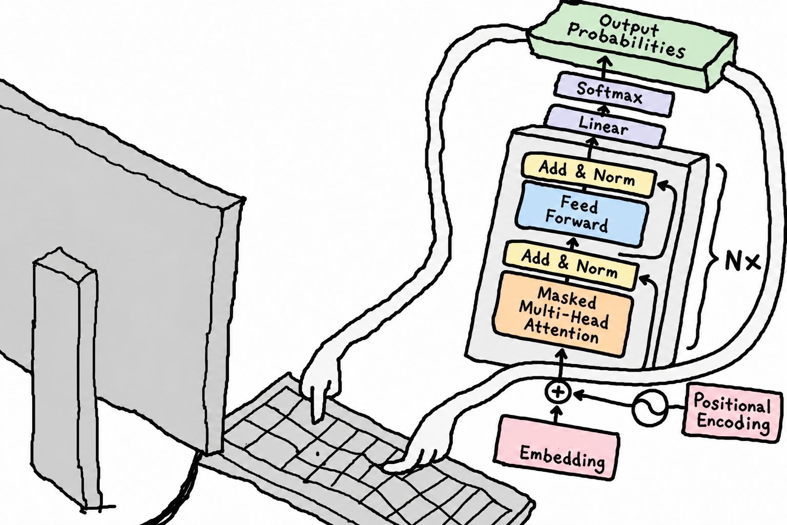 Cartoon of a transformer decoder block with long arms reaching out to type on a computer keyboard